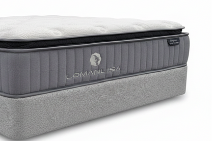Gray mattress with LomanLisa branding on a plain background